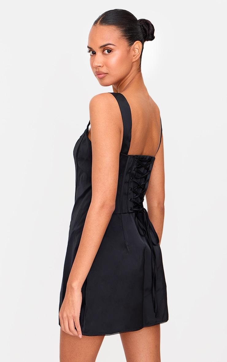 Premium Black Woven Square Neck Lace Back Corset Bodycon Dress Product Image