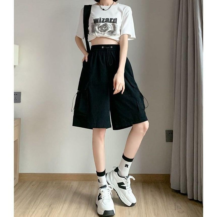 High Waist Plain Wide Leg Cargo Shorts Product Image