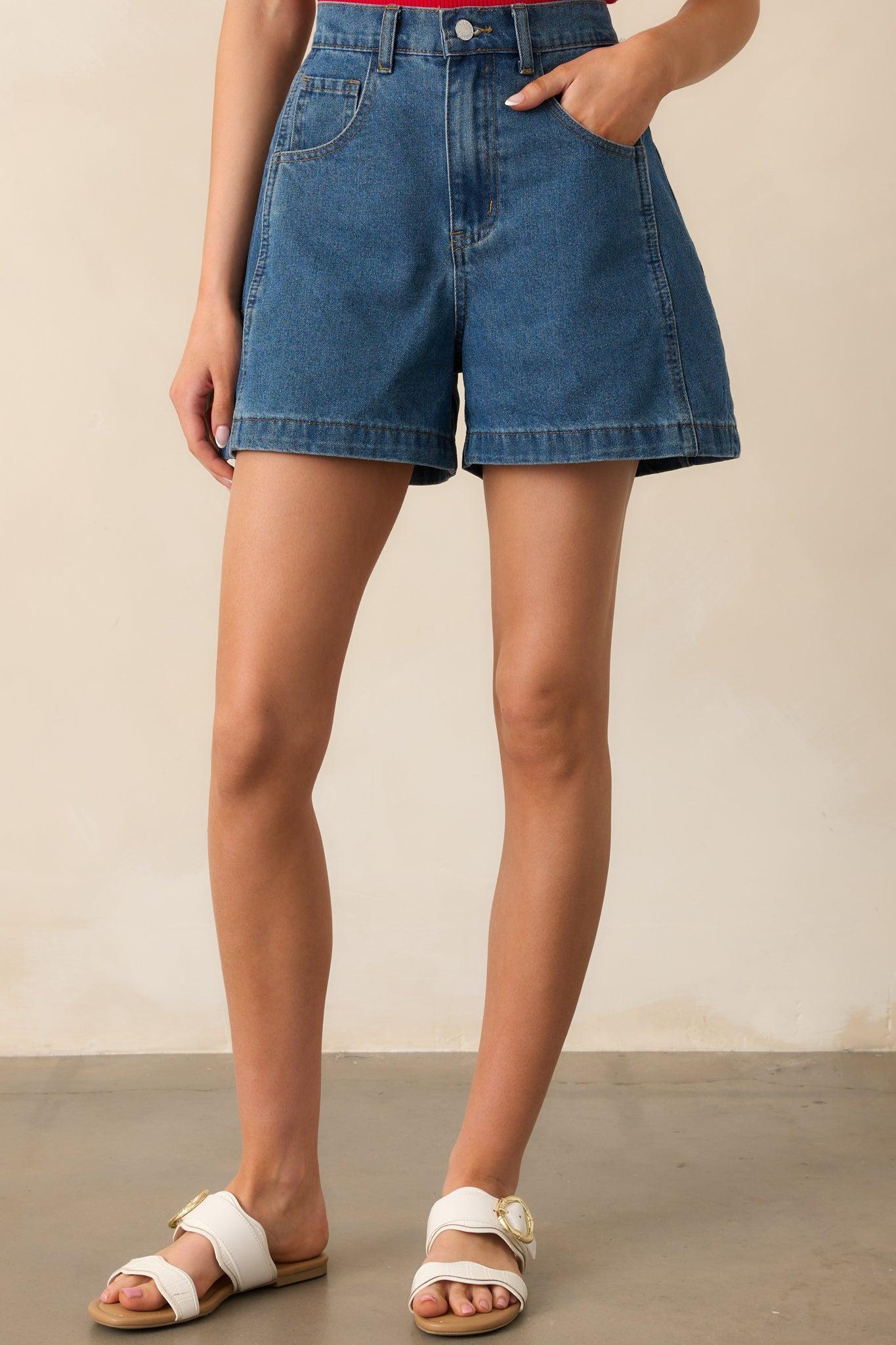 Doing It My Way Dark Wash Cotton High Waisted Denim Shorts Product Image