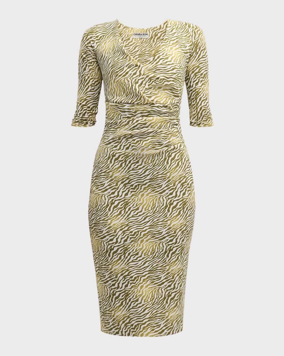 Ruched Zebra-Print Bodycon Midi Dress Product Image