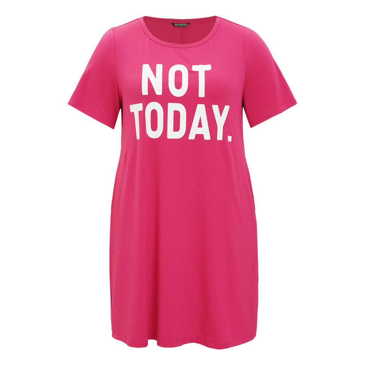 Plus Size Letter Print Pocket Short Sleeve Graphic Dress RedViolet Women Casual Pocket Curvy Knee Dress BloomChic 14-16/1X Product Image