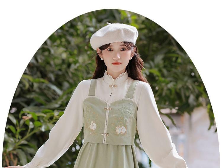 Mock Two-Piece Puff-Sleeve Stand Collar Rabbit Embroidered Midi Dress Product Image