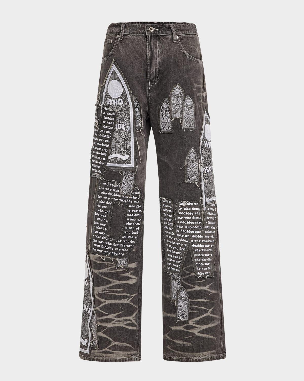 Mens Motif Patched Denim Jeans Product Image