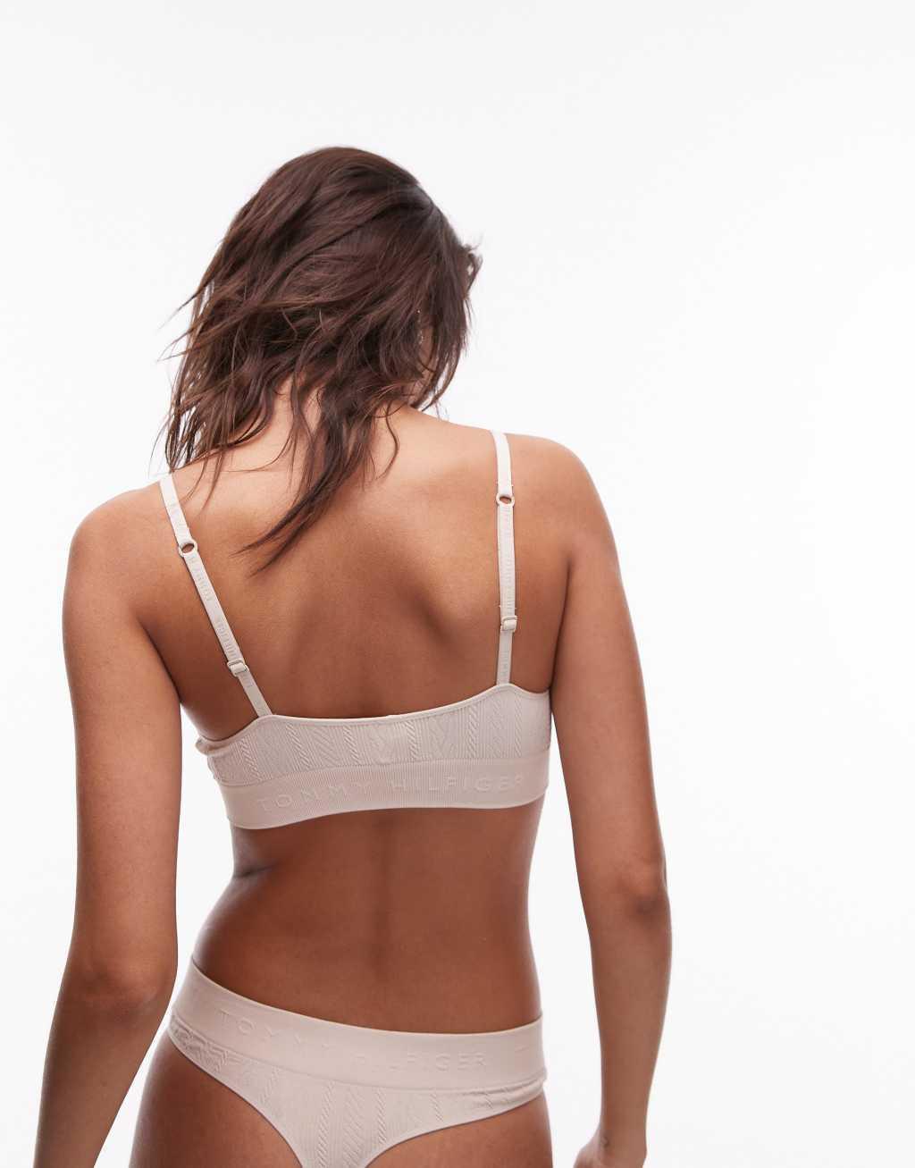 Tommy Hilfiger lightly lined triangle bralet with logo taping in beige Product Image