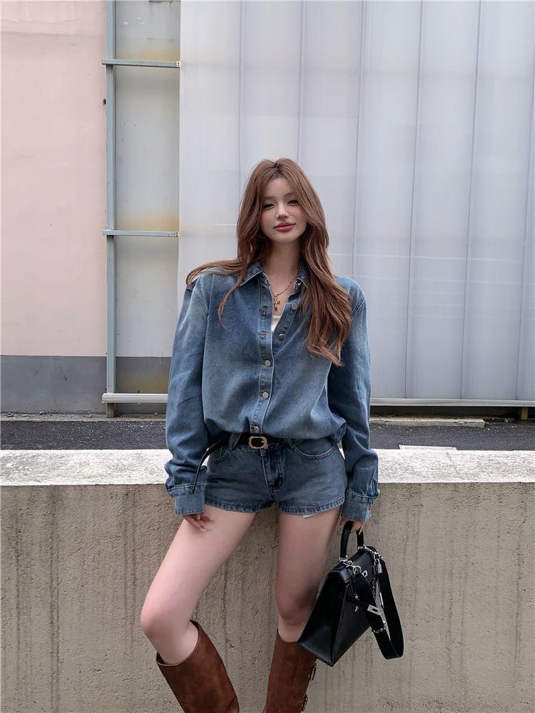 Set: Long-Sleeve Washed Button-Up Denim Shirt + Low Rise Hot Pants Product Image