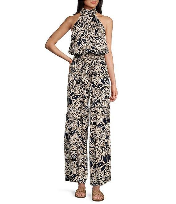 Angie Floral Leaf Print Mock Neck Sleeveless Top Product Image