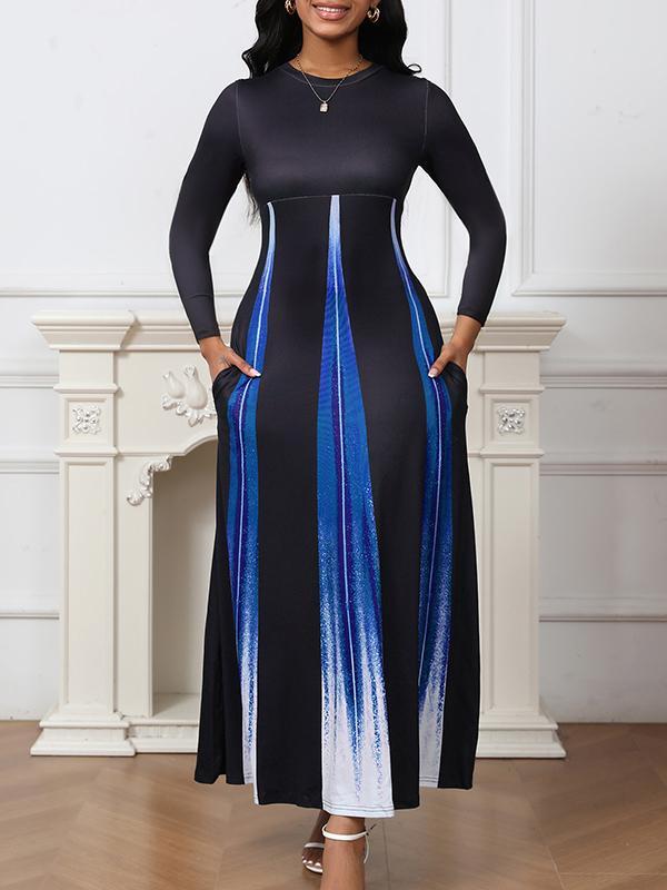 A-Line High Waisted Gradient Pockets Printed Split-Joint Round-Neck Maxi Dresses Product Image