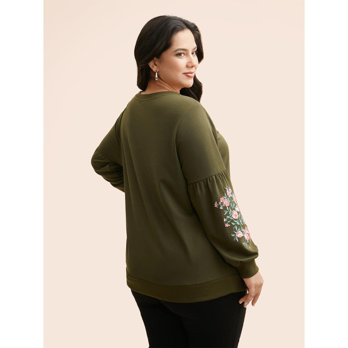 Plus Size Floral Embroidered Crew Neck Gathered Sweatshirt Women ArmyGreen Casual Embroidered Round Neck Everyday Sweatshirts BloomChic 28/5X Product Image