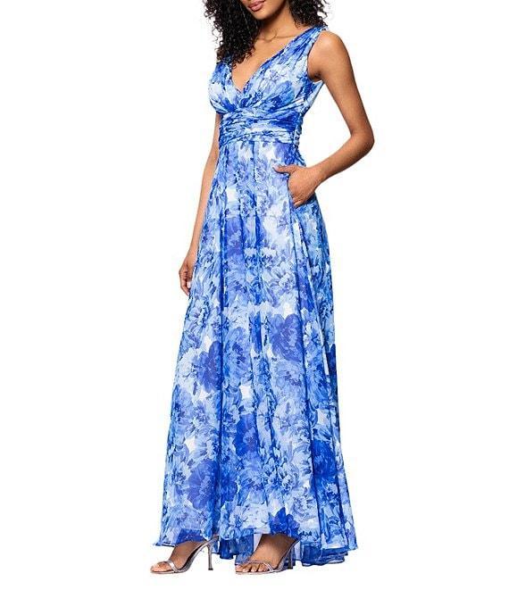 Betsy & Adam Chiffon Floral Print V-Neck Sleeveless A-Line Gown Product Image