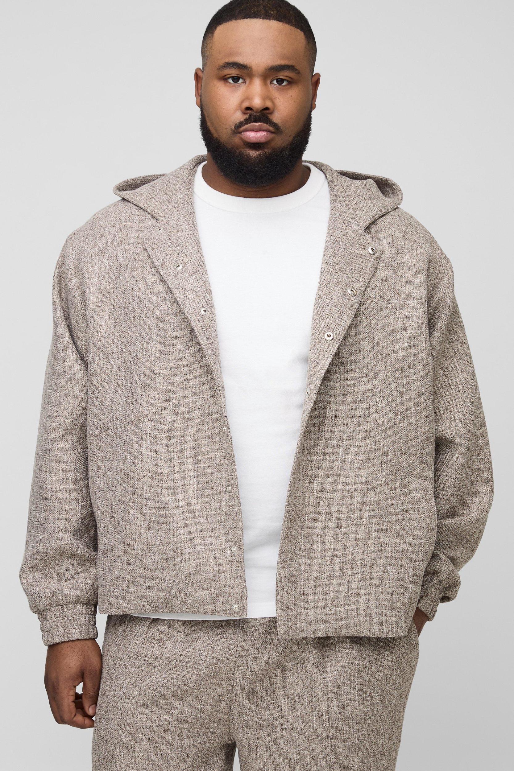 Mens Plus Oversized Boucle Hooded Button Up Shirt Jacket - Beige Product Image