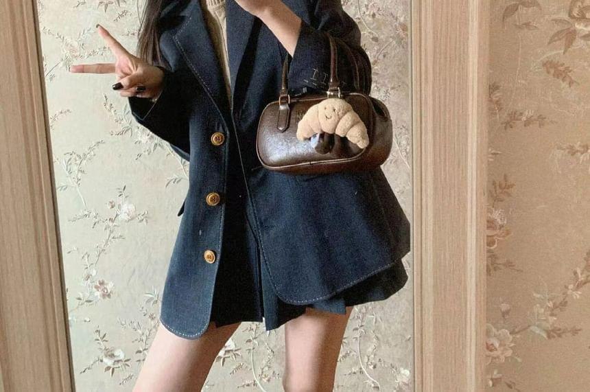 Short-Sleeve Round Neck Plain Cable Knit  Top / Single-Breasted Blazer / High Waist Pleated Mini A-Line Skirt / Set Product Image