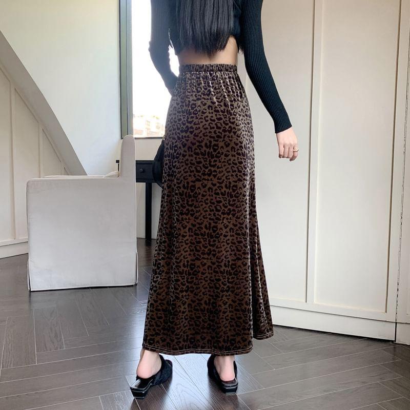 Elastic Waist Leopard Maxi A-Line Skirt Product Image