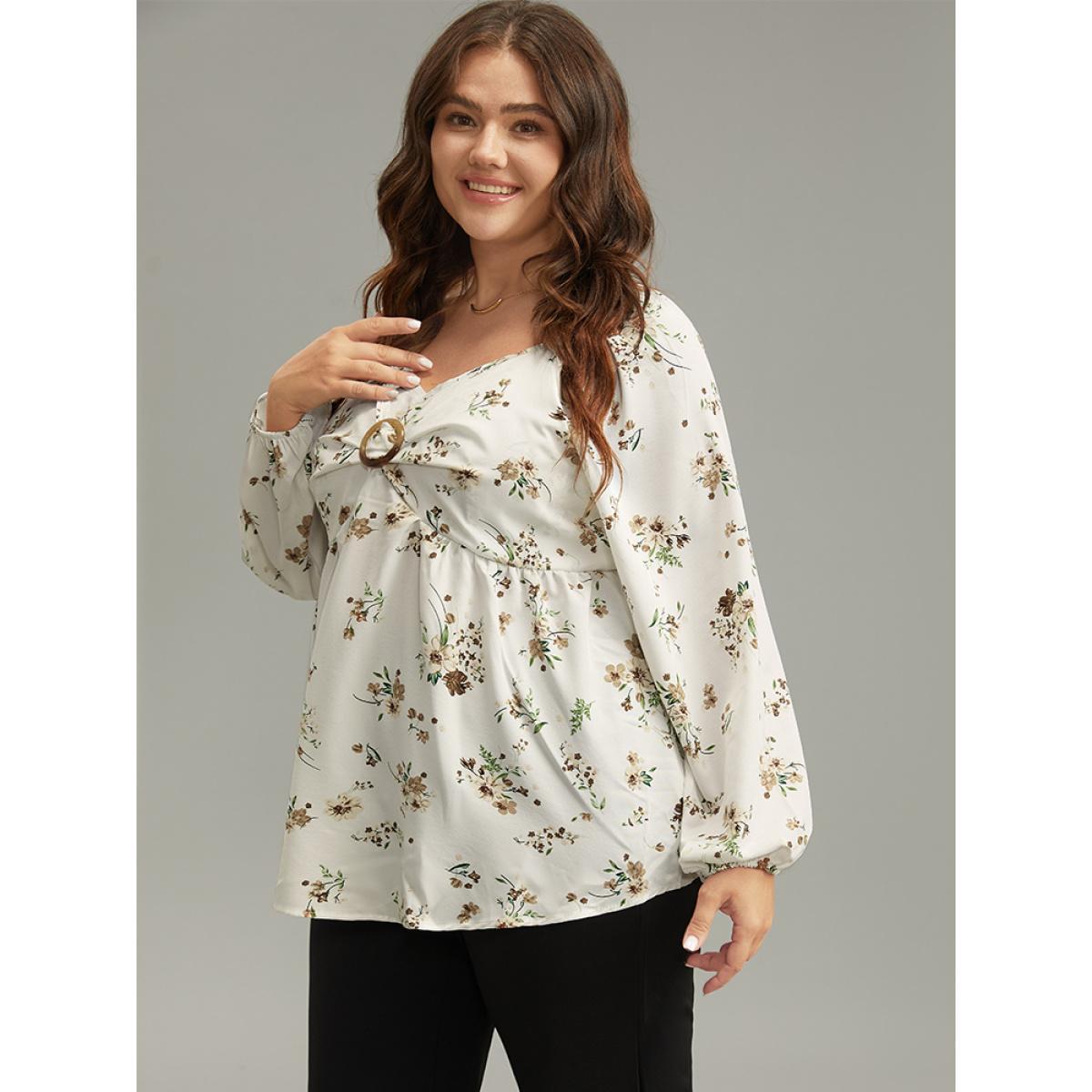 Plus Size Ivory Floral Print Buckle Detail Gathered Bell Sleeve Blouse Women Elegant Long Sleeve V-neck Dailywear Blouses BloomChic 30/6X Product Image