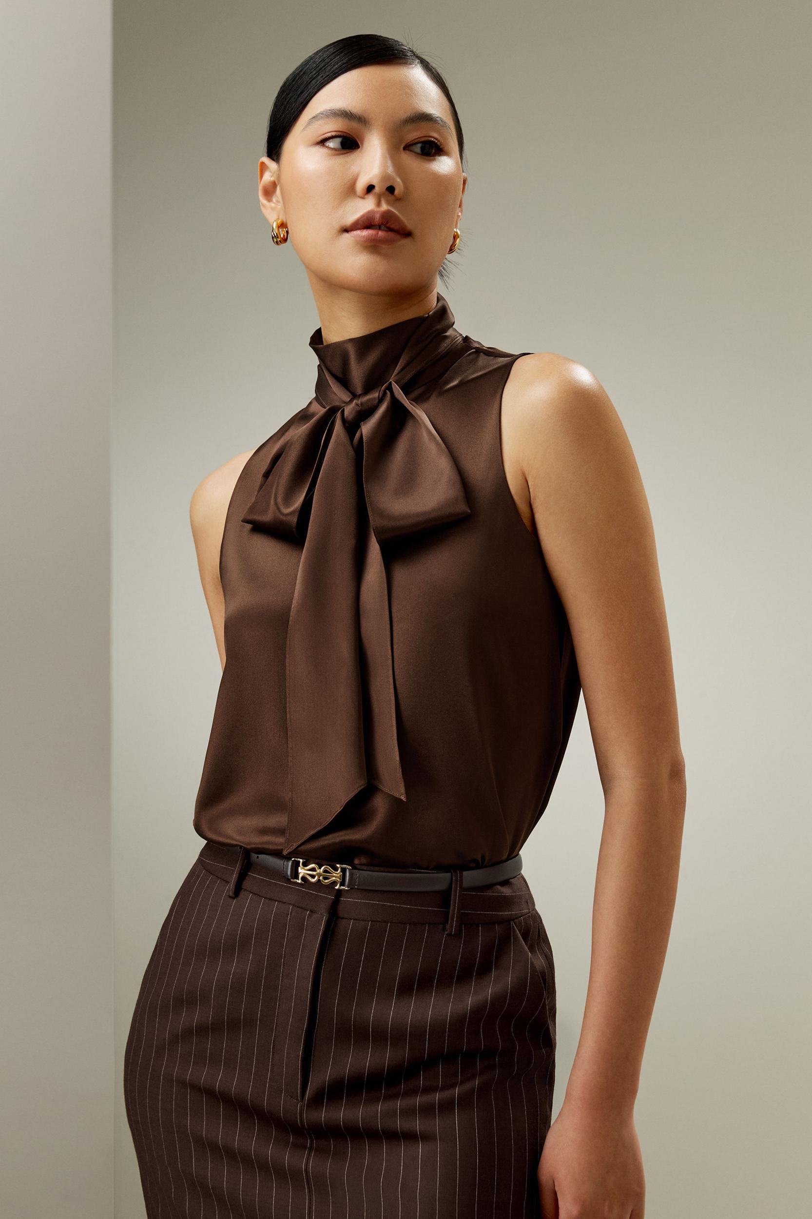Sleeveless Tie-Neck Silk Blouse Product Image