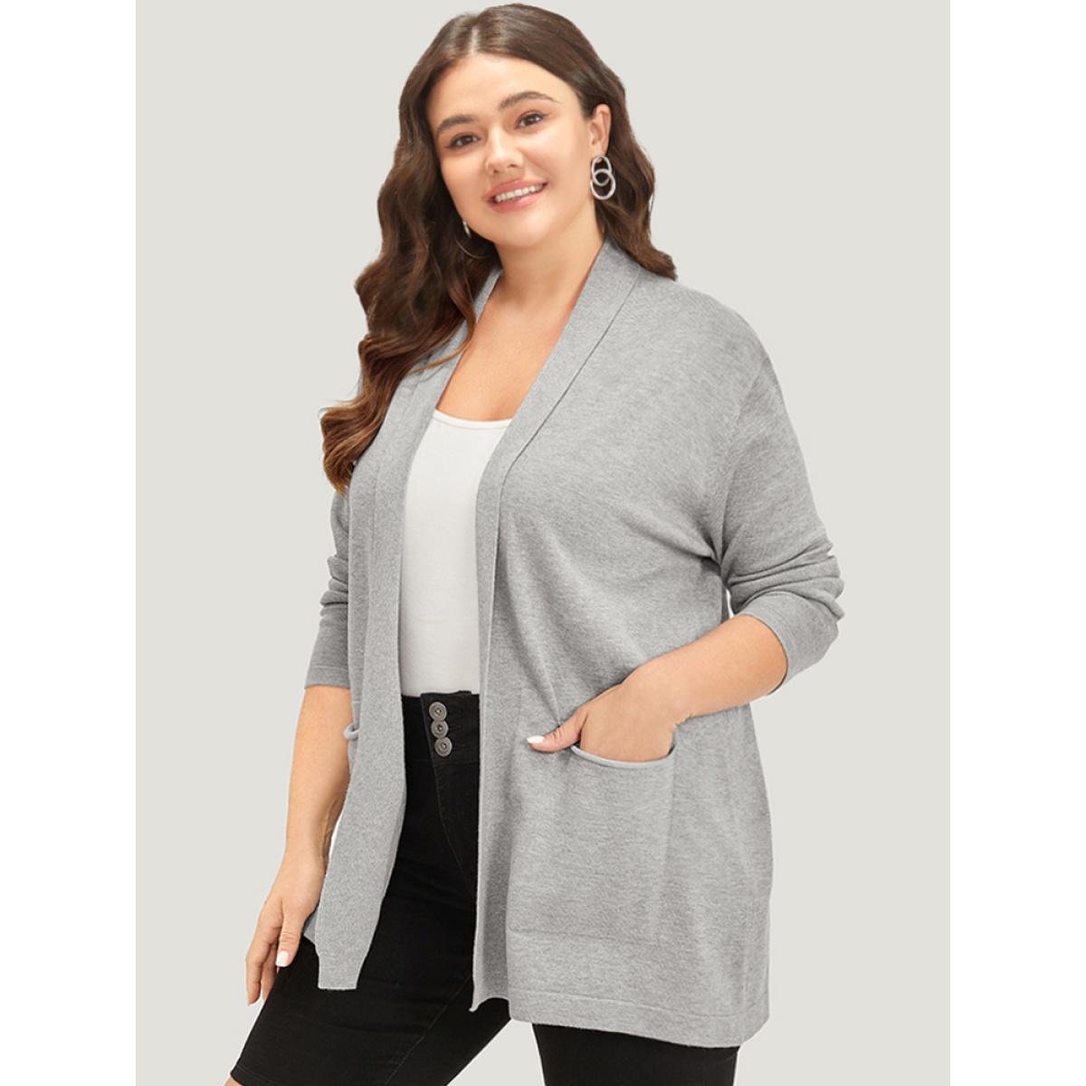 Plus Size Supersoft Essentials Plain Lapel Collar Patched Pocket Cardigan DarkGray Women Basics Loose Long Sleeve Everyday Cardigans BloomChic 30/6X Product Image