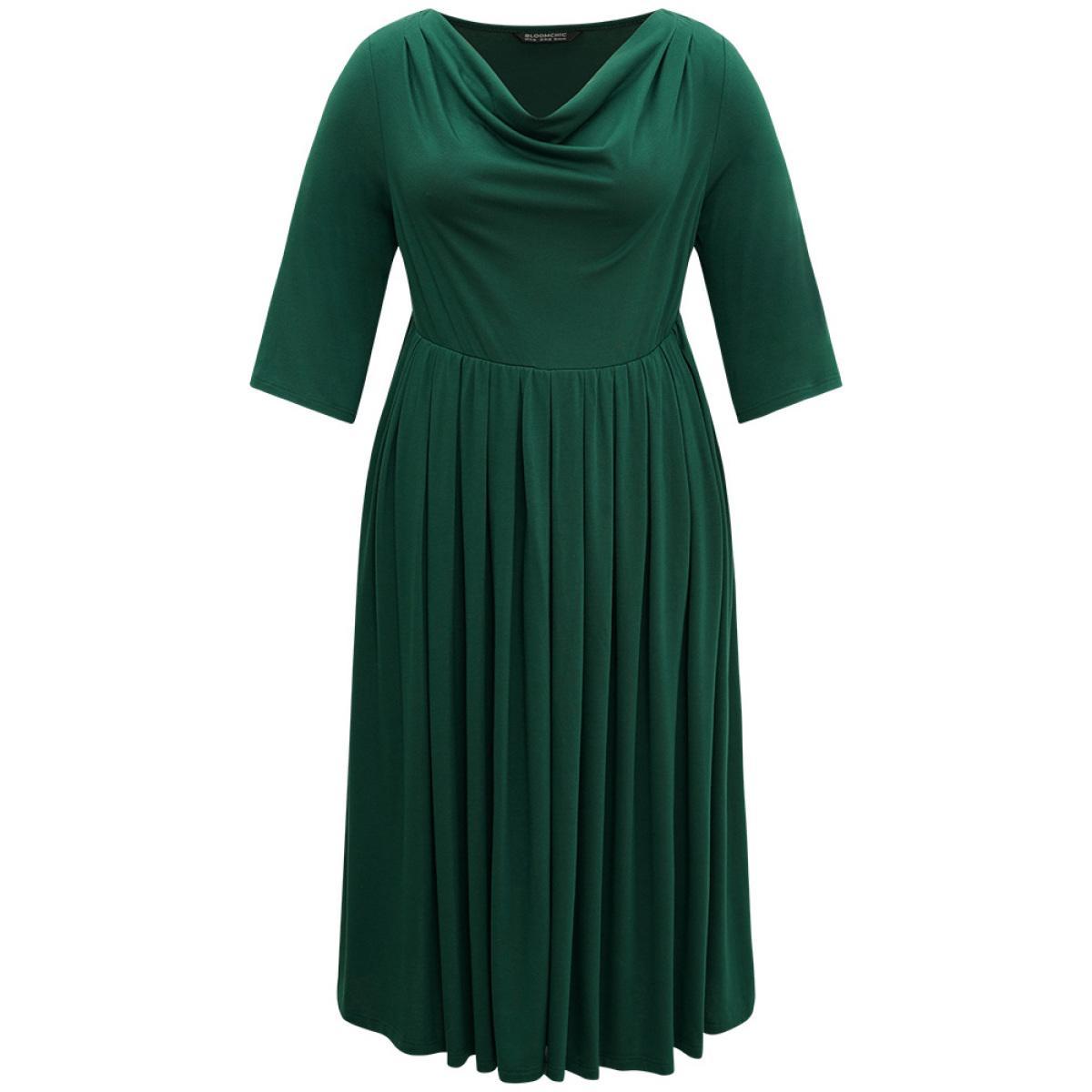 Plus Size Supersoft Essentials Solid Cowl Neck Pocket Dress DarkGreen Women Casual Plain Cowl Neck Elbow-length sleeve Curvy Midi Dress BloomChic 26/4X Product Image