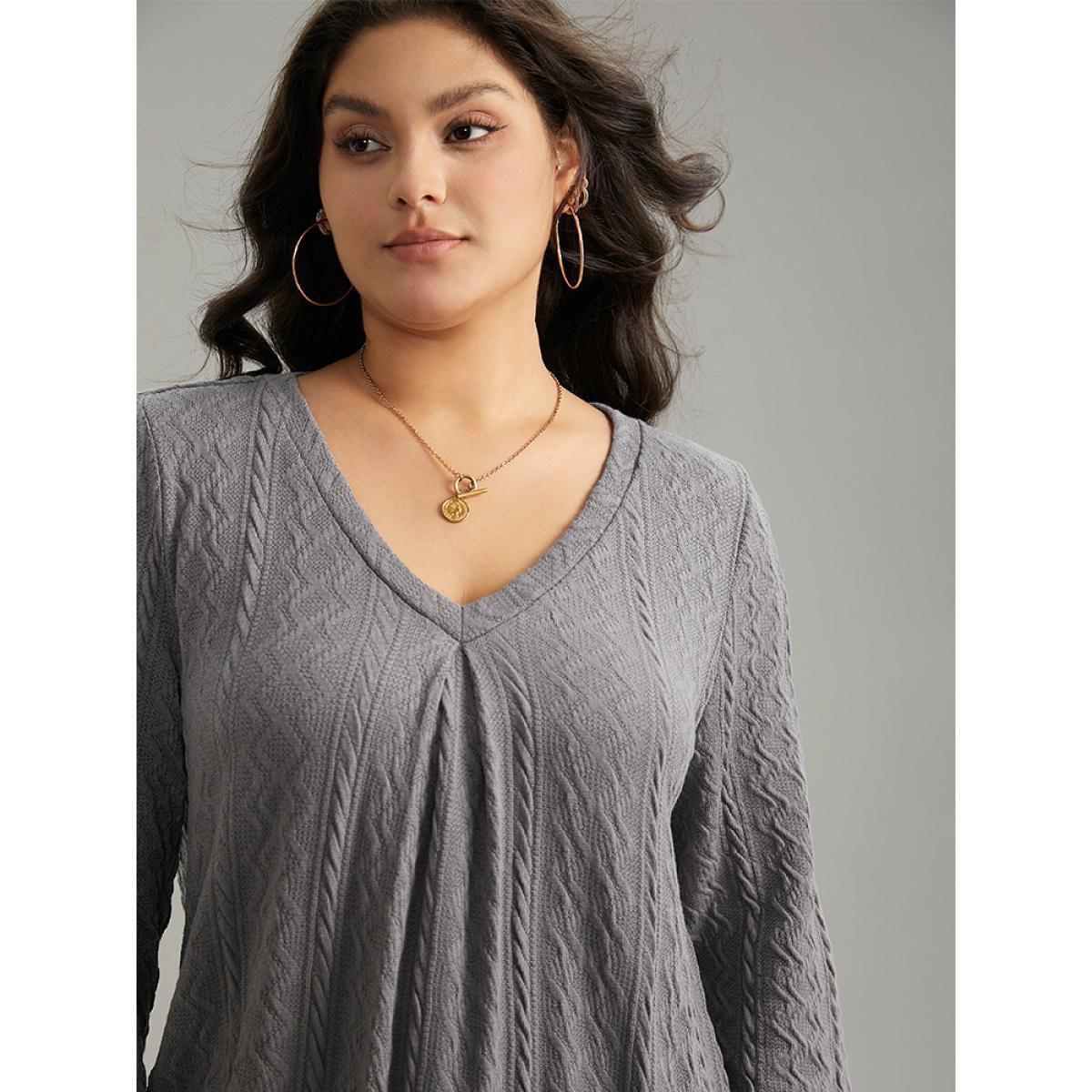 Plus Size Plain Geometric Textured Plicated Detail Sweatshirt Women Gray Casual Texture V-neck Dailywear Sweatshirts BloomChic 10/M Product Image