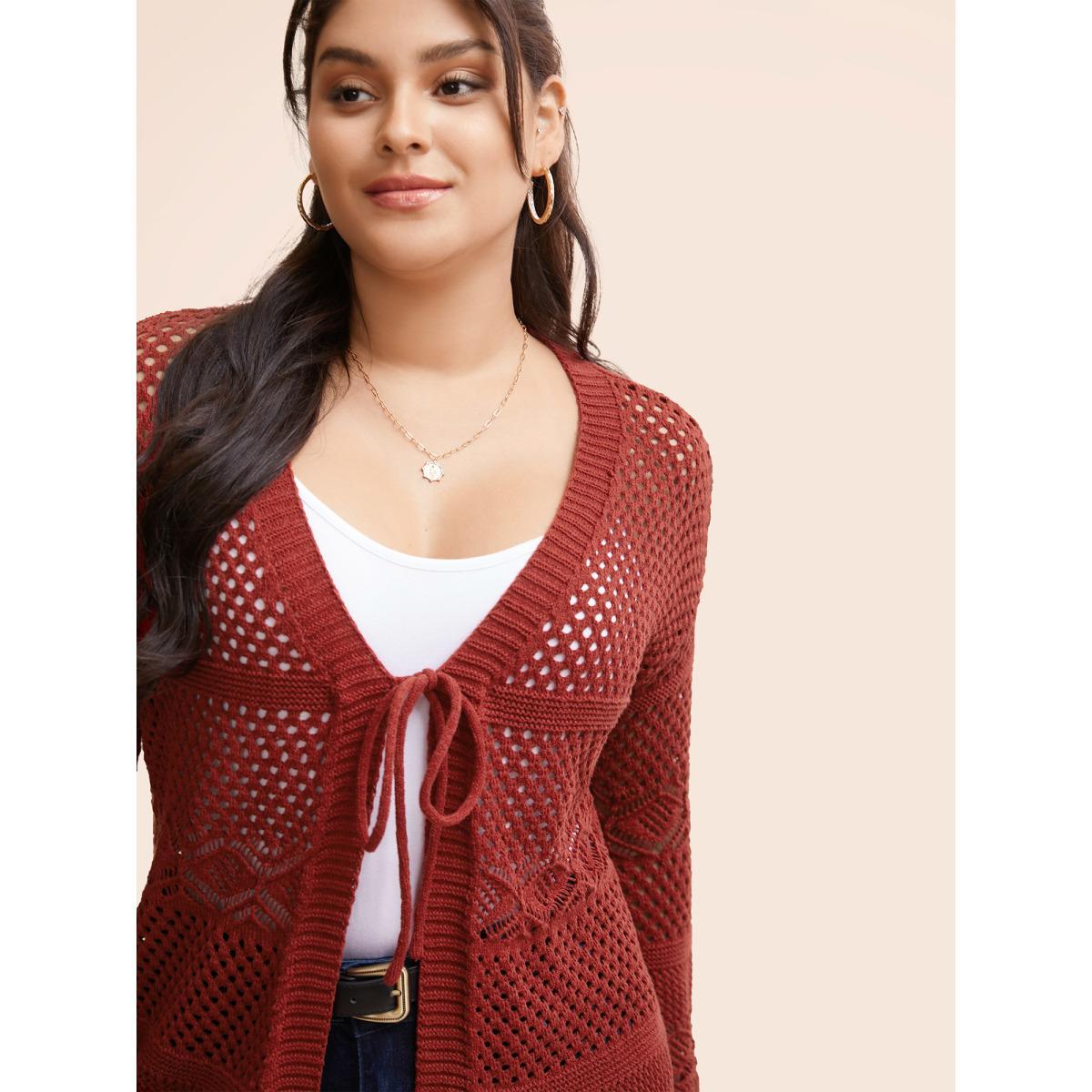 Plus Size Texture Tie Knot Bell Sleeve Cardigan Russet Women Casual Loose Three Quater Length Sleeve Everyday Cardigans BloomChic 14-16/1X Product Image