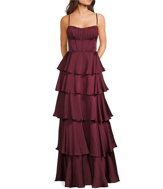 B. Darlin Satin Spaghetti Strap Emma Ruffle Skirt Dress Product Image