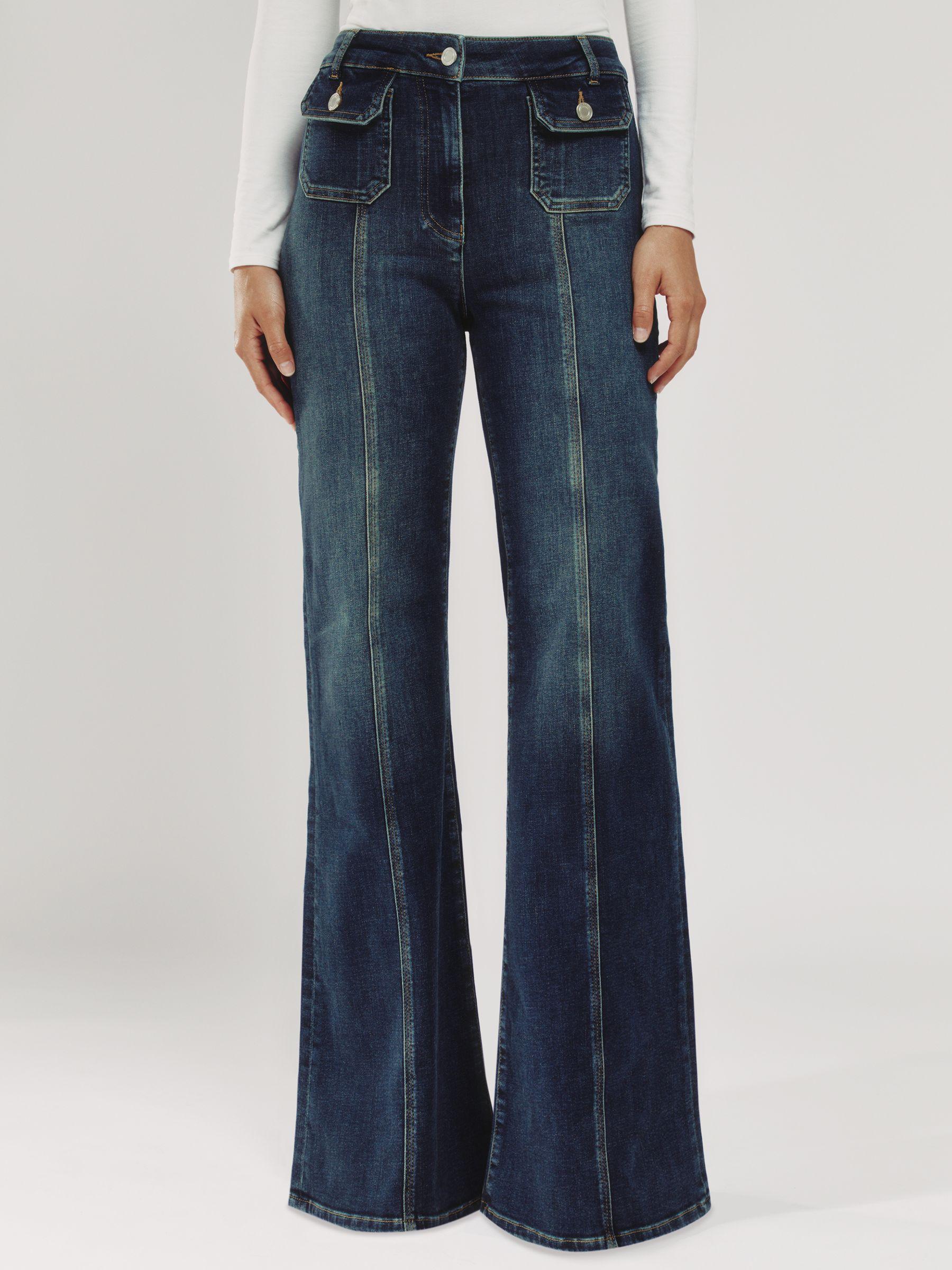 Petite Button-Pocket Flared Jeans in Mid Blue Product Image