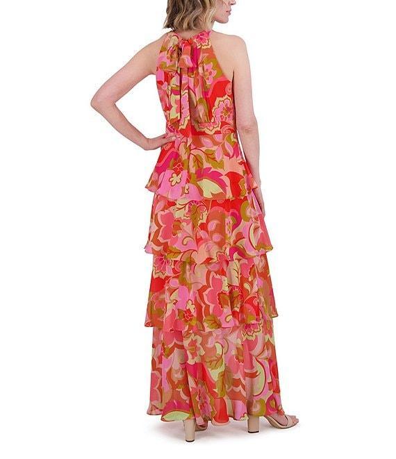 Eliza J Chiffon Floral Swirl Print Halter Neck Sleeveless Ruffle Maxi Dress Product Image