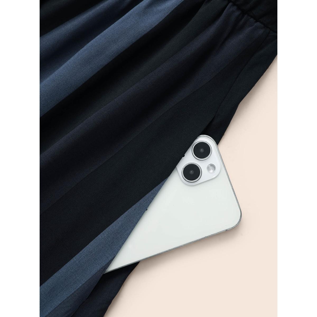 Plus Size Colour Striped Patchwork Belted Button Through Dress Midnight Women Office Belted Shirt collar Long Sleeve Curvy Midi Dress BloomChic 28/5X Product Image