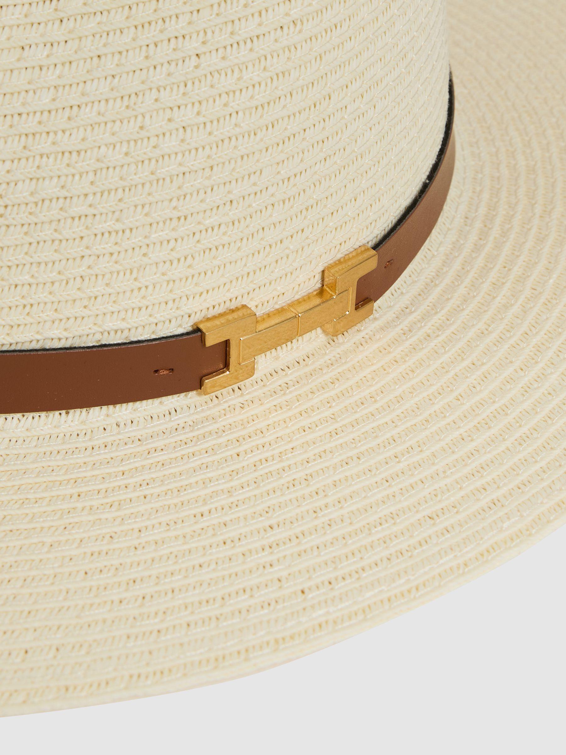 Faux Leather Trim Woven Hat in Natural Product Image