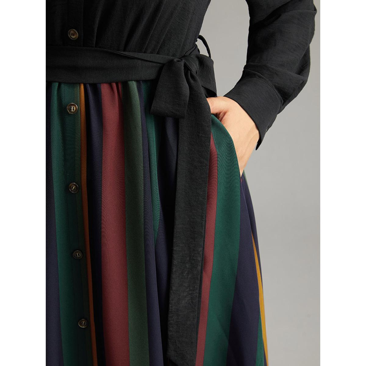 Plus Size Colour Striped Patchwork Belted Button Through Dress Indigo Women Office Belted Shirt collar Long Sleeve Curvy Midi Dress BloomChic 26/4X Product Image