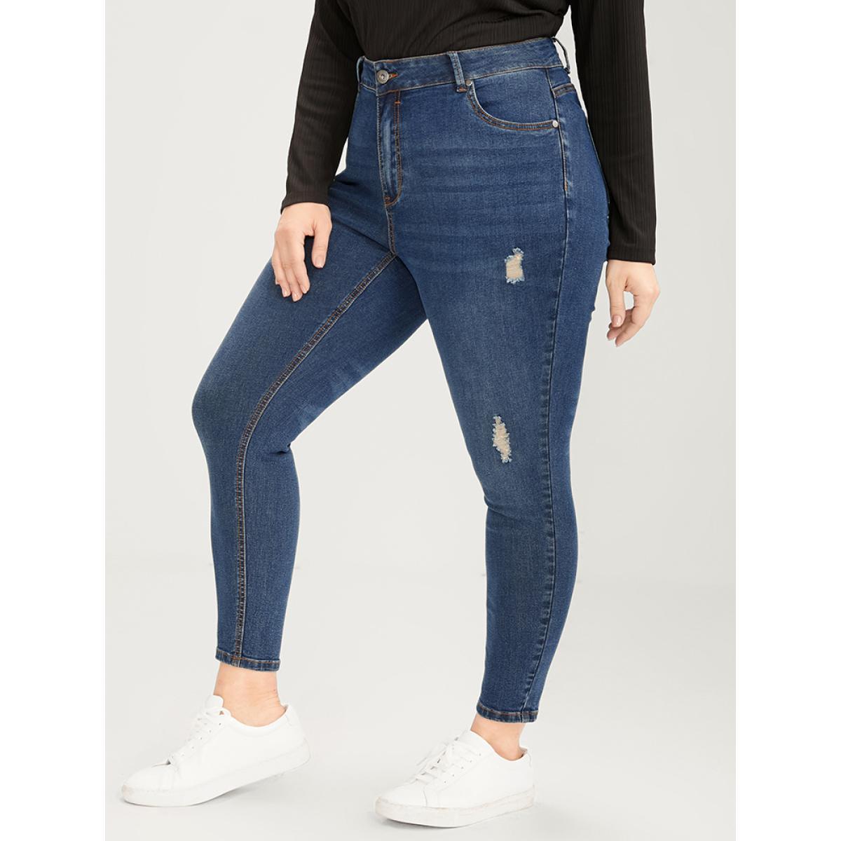 Plus Size Skinny Moderately Stretchy High Rise Dark Wash Distressed Ankle Jeans Women Indigo Casual Plain Zipper Medium stretch Pocket Jeans BloomChic 18/2X Product Image