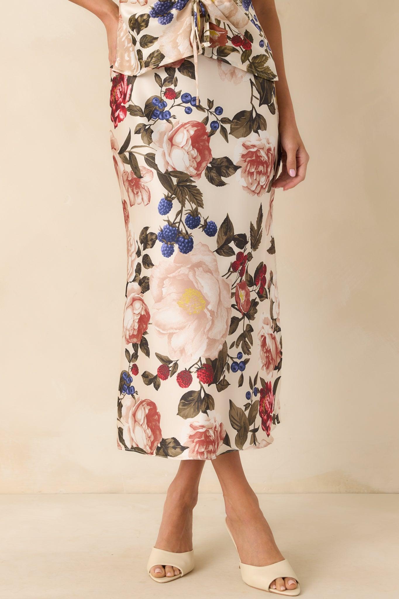 Feeling Pretty Sure Ivory Multi Floral Print Satin Midi Skirt Product Image
