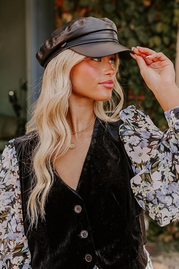 Uptown Chic Faux Leather Cabbie Hat in Black Product Image