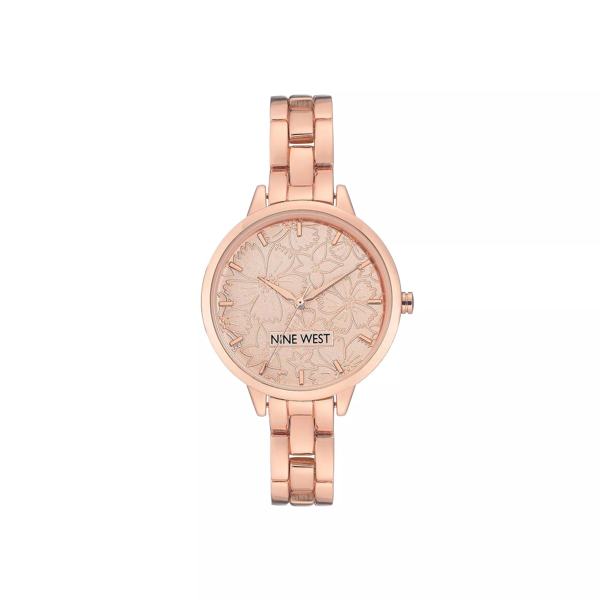 Nine West Women's Rose Gold Tone Bracelet Watch with Etched Flower Dial, Size: Medium, Rosegold Product Image