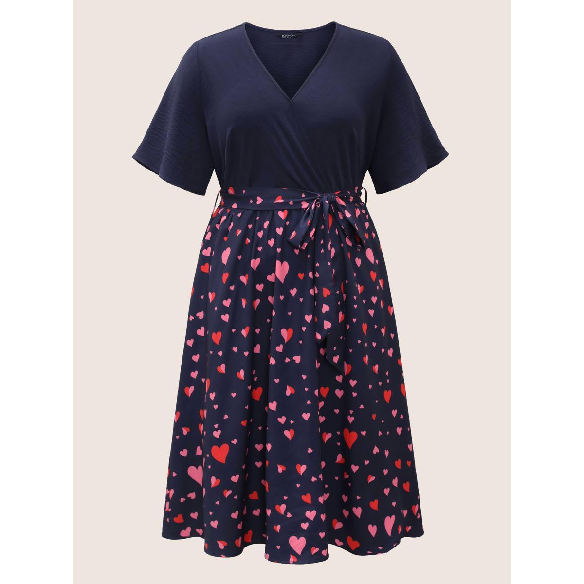 Plus Size Heart Print Patchwork Belted Wrap Dress DarkBlue Women Elegant Wrap Overlap Collar Half Sleeve Curvy Midi Dress BloomChic 22-24/3X Product Image