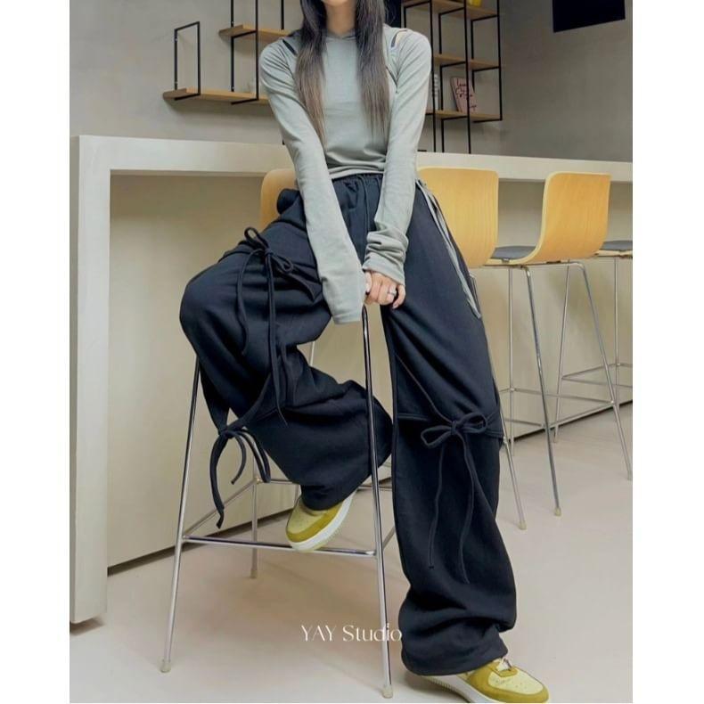 Drawstring Waist Plain Lace-Up Wide Leg Pants Product Image