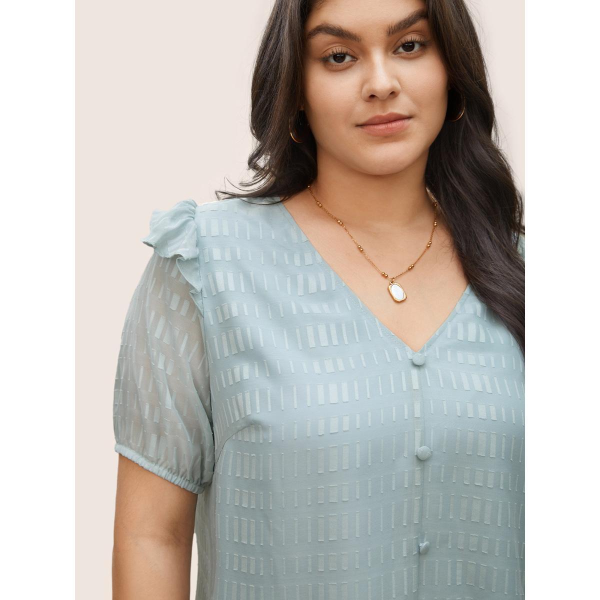 Plus Size LightBlue Solid Textured Gathered Ruffles Button Detail Blouse Women Elegant Short sleeve V-neck Everyday Blouses BloomChic 10/M Product Image