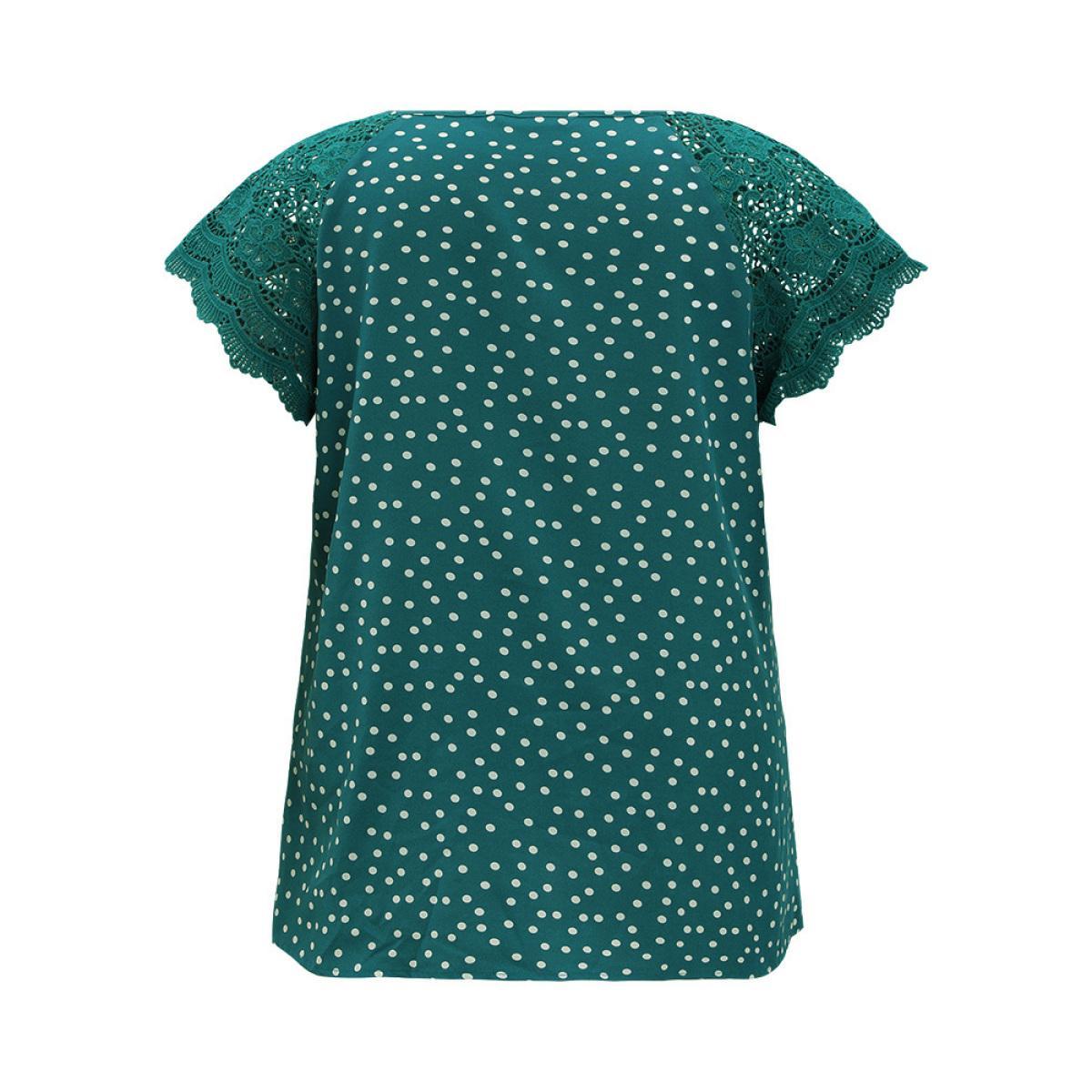 Plus Size Emerald Polka Dot Pleated Detail Lace Raglan Sleeve Blouse Women Elegant Short sleeve Round Neck Dailywear Blouses BloomChic 30/6X Product Image