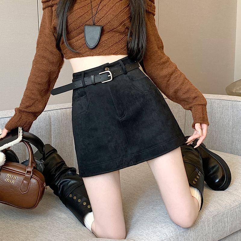 High Rise Plain Faux Suede Mini A-Line Skirt Product Image
