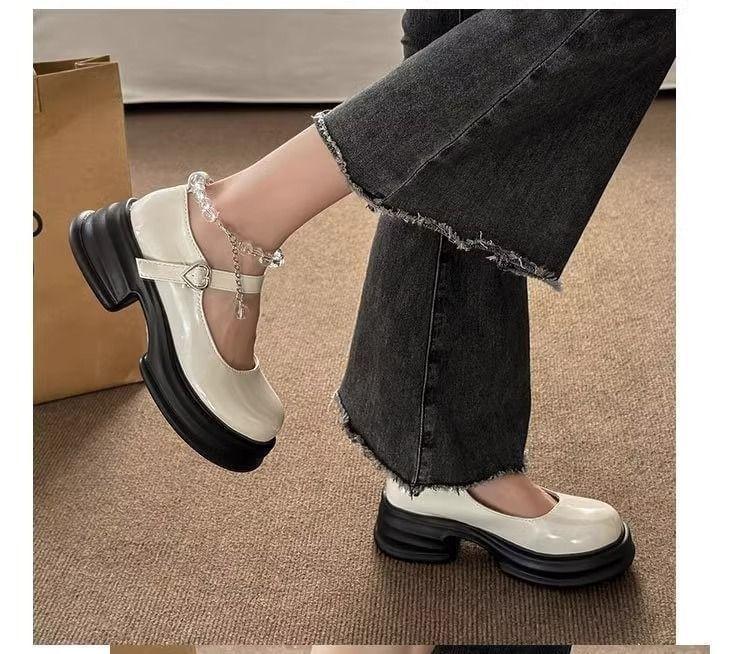 Heart Buckled Beaded Platform Chunky Heel Mary Jane Pumps Product Image