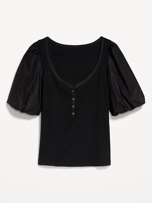 Puff-Sleeve Mixed Fabric Top Product Image
