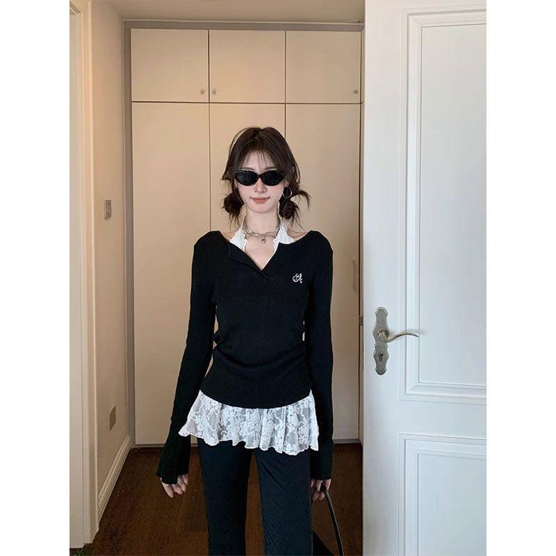 Long Sleeve V-Neck Lettering Embroidered Top / Halter Plain Lace Top Product Image