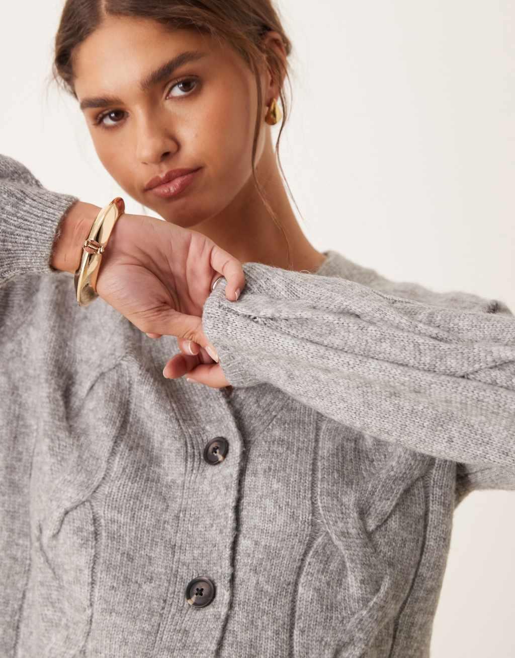 JDY cropped cable knit cardigan in gray Product Image