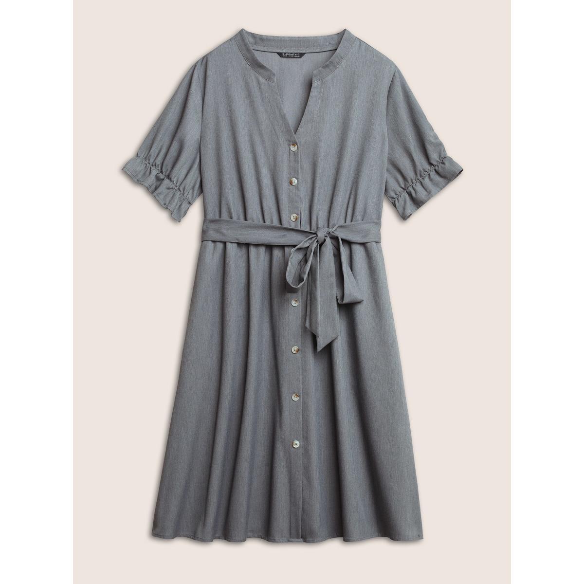 Plus Size Notched Button Detail Elastic Waist Belted Dress Gray Women At the Office Non Notched collar Short sleeve Curvy Midi Dress BloomChic 12/L Product Image