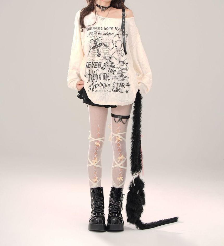 Long Sleeve Cold-Shoulder Lettering Print Distressed Loose-Fit Knit Top Product Image