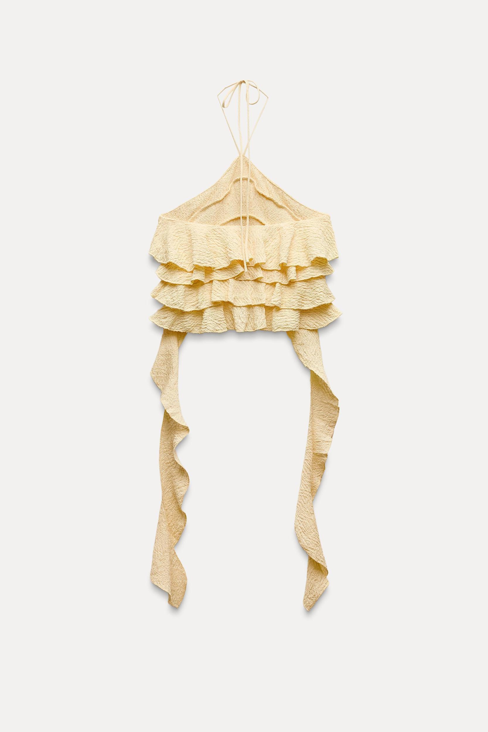 RUFFLED TEXTURED CROP HALTER TOP Product Image