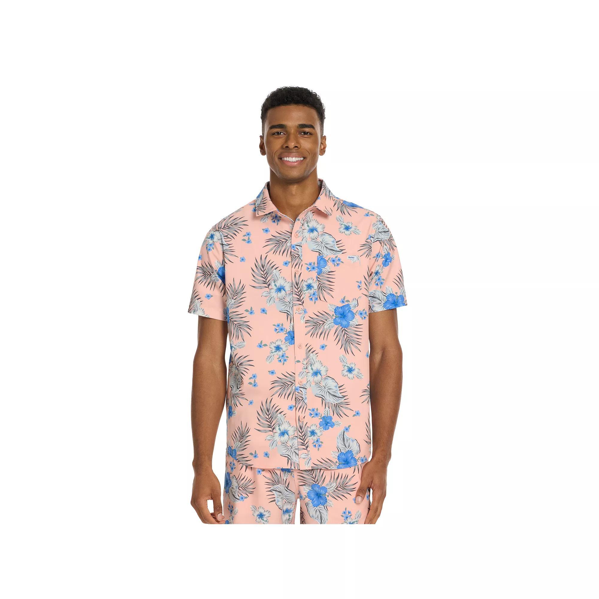 Men's Hurley Bahia Printed Stretch Short Sleeve Button-Down Shirt, Size: Small, Candy Pink Product Image