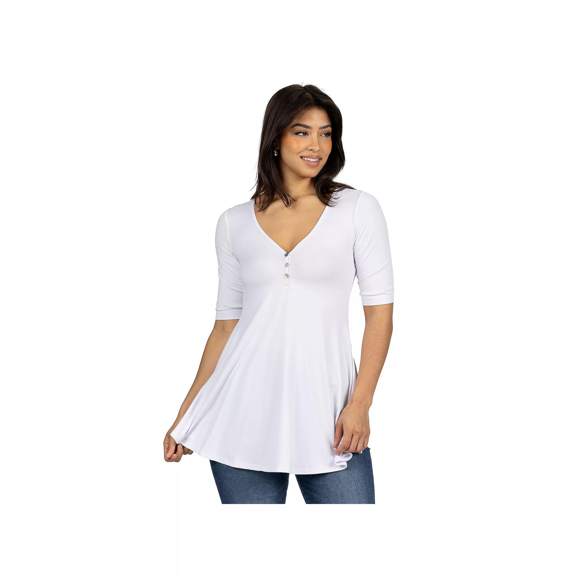 Women's 24seven Comfort Apparel Short Sleeve Tunic Top with Button Detail, Size: Small, Brown Product Image