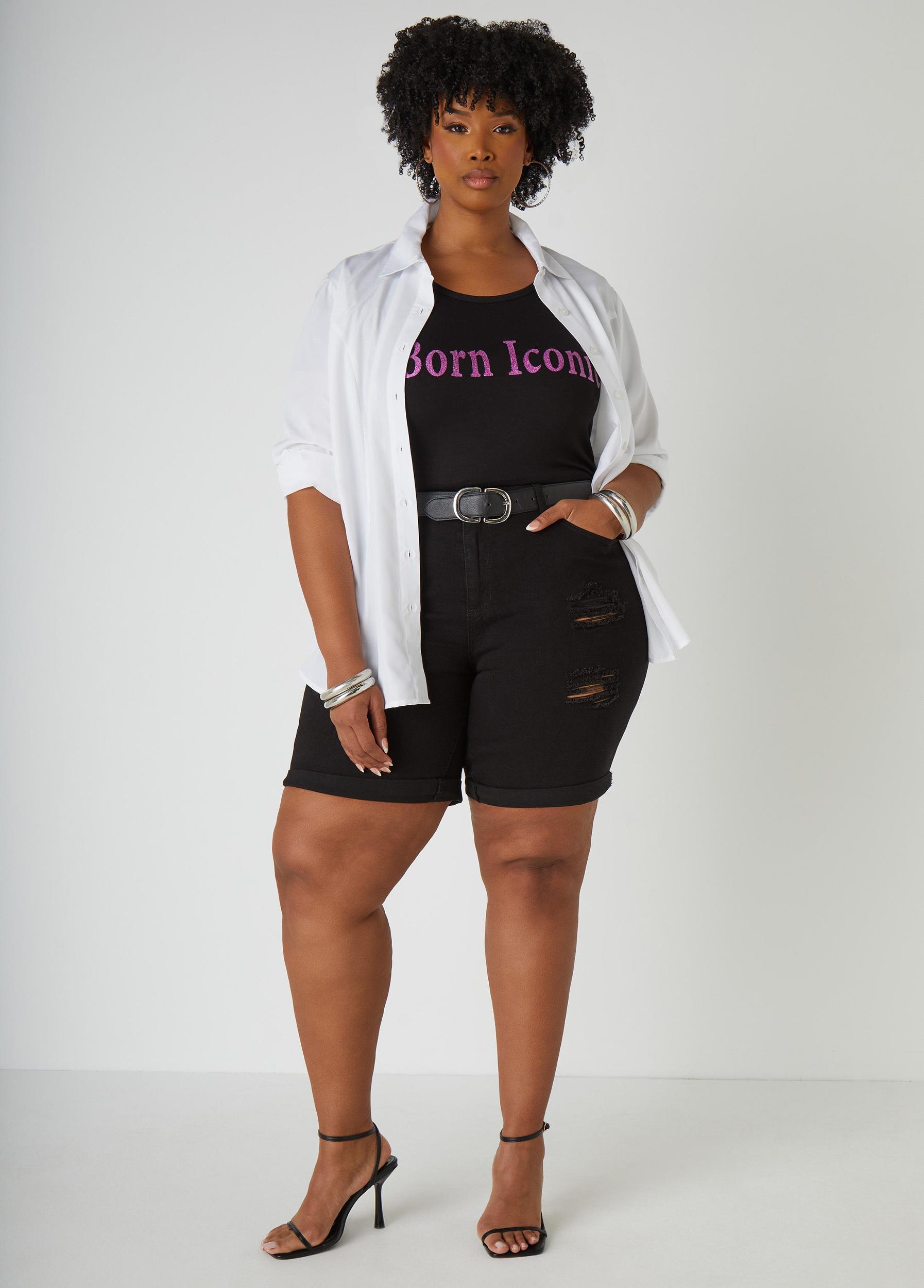 Cuffed Distressed Denim Shorts Product Image