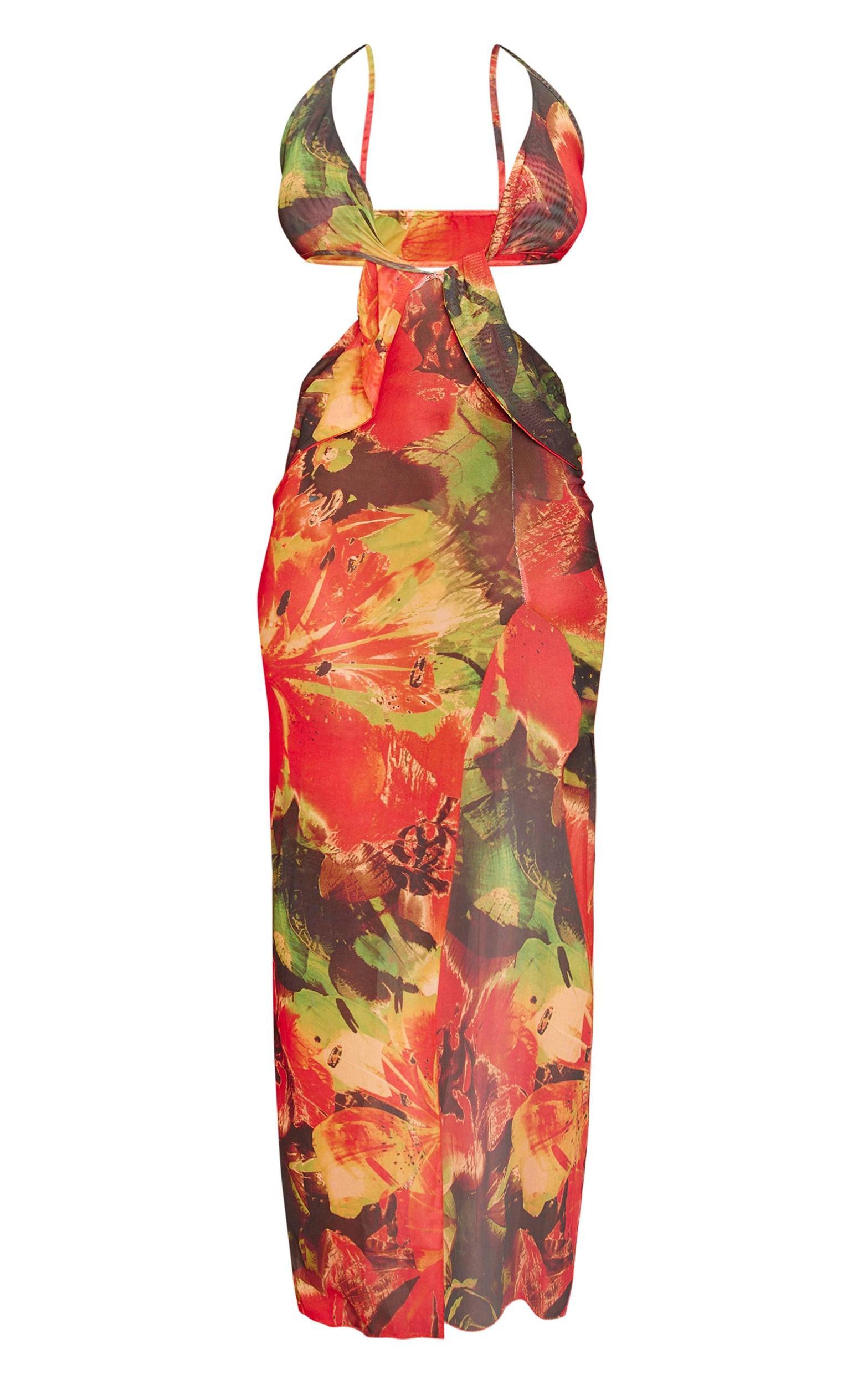 Shape Bright Red Mesh Ruched Side Maxi Dress Product Image