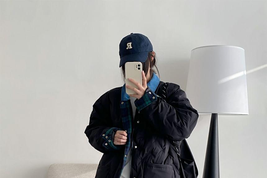 Collared Plaid Panel Button Down Puffer Jacket Product Image