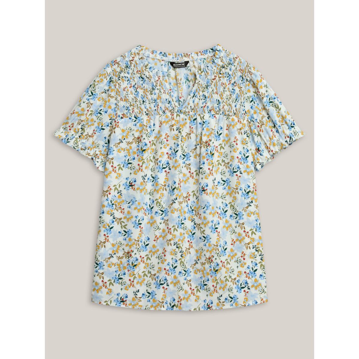 Plus Size LightBlue Floral Print Shirred Neck Blouse Women Short sleeve Flat collar Everyday-Casual Blouses BloomChic 28/5X Product Image